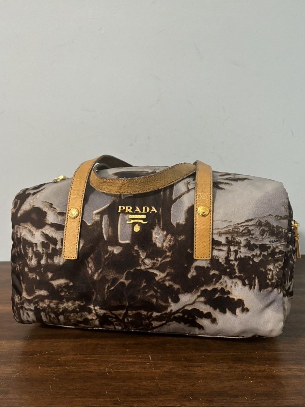 Prada landscape Boston Bag with Leather Straps